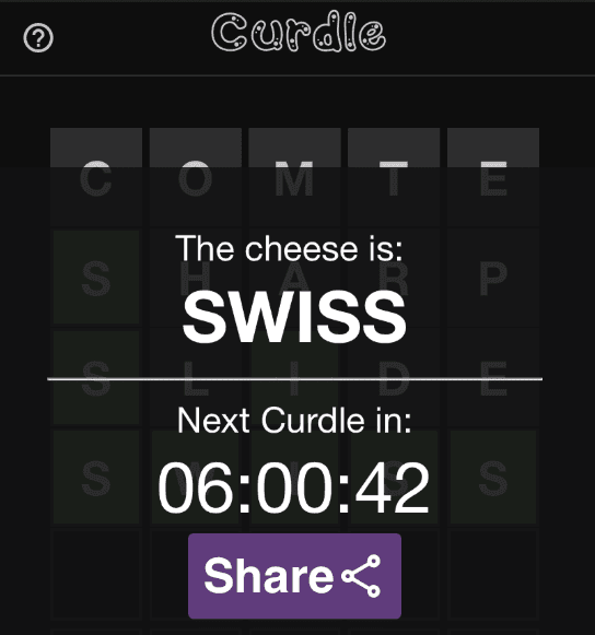 To address my cheese-based insecurity, I created Curdle—a Wordle-style game featuring real five-letter cheese names (yes, there were 42). Built with JavaScript, it refreshed daily and offered a flavorful test of dairy vocabulary.