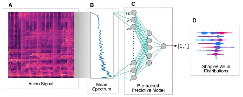 A framework to determine which frequencies contribute the most to hydrogel water extraction rates. The audio signal is converted into a mel-spectrum and then into a predictive model. We determine which frequencies are most important via Shapley Additive exPlanations (SHAP).