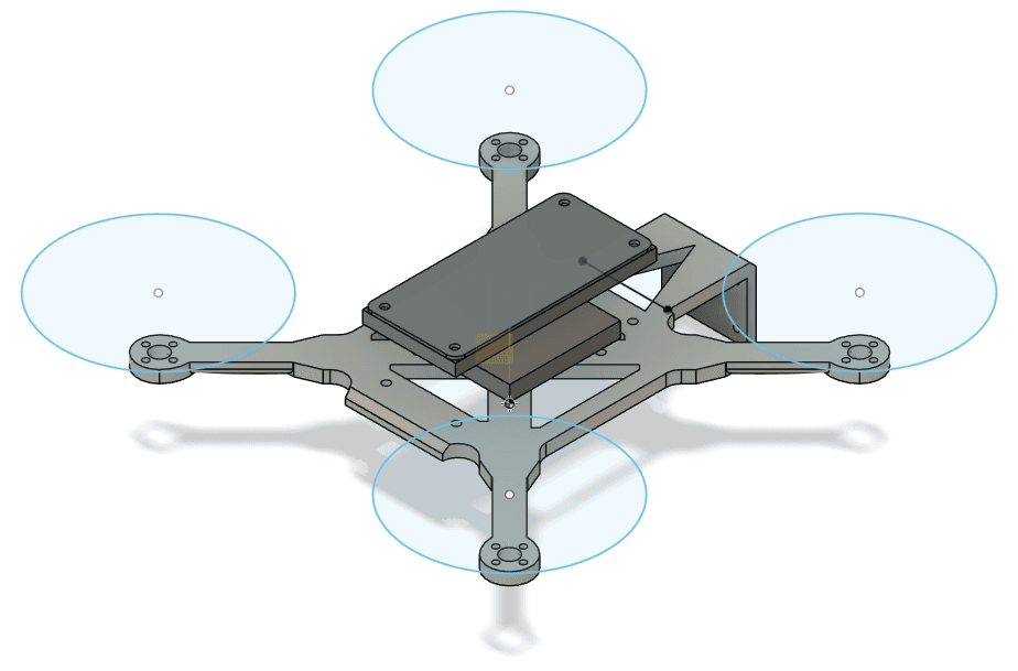 The CAD model of the quadcopter, designed in Fusion 360. I paid special attention to the weight distribution and center of mass, as well as structural integrity.