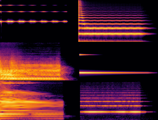 Example spectrograms of sound samples from the NSynth dataset, which were used to train the classifier model.