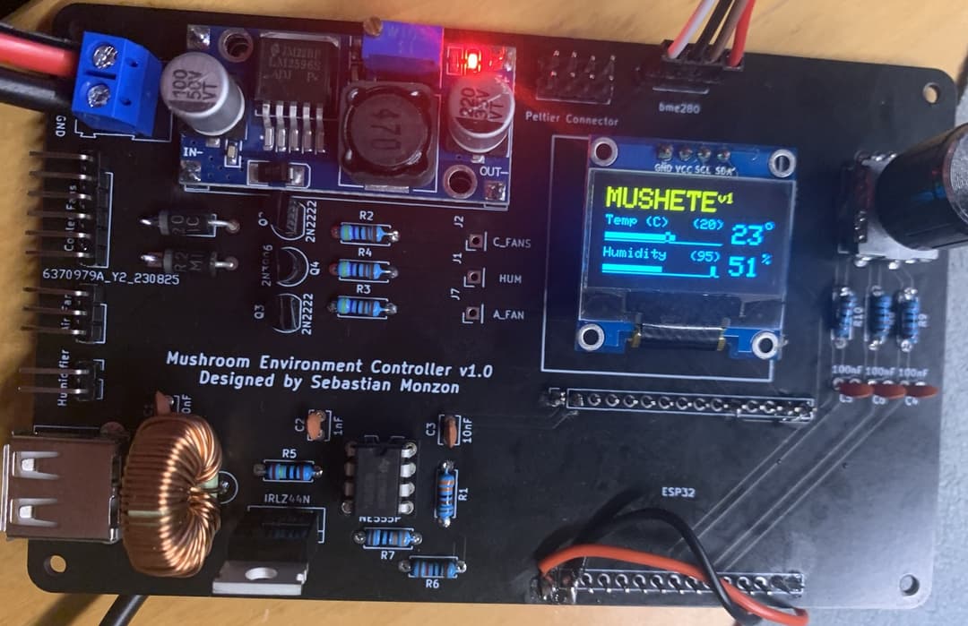 A custom-built environment controller for mushroom cultivation, featuring an ESP32 microcontroller, and a custom PCB with several interfaces.