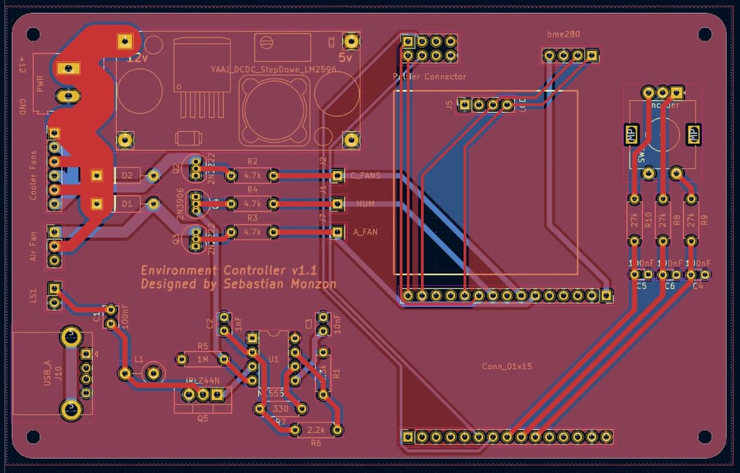 The KiCAD schematic for the mushroom environment controller, featuring a built-in custom humidifier and fan controller circuit.